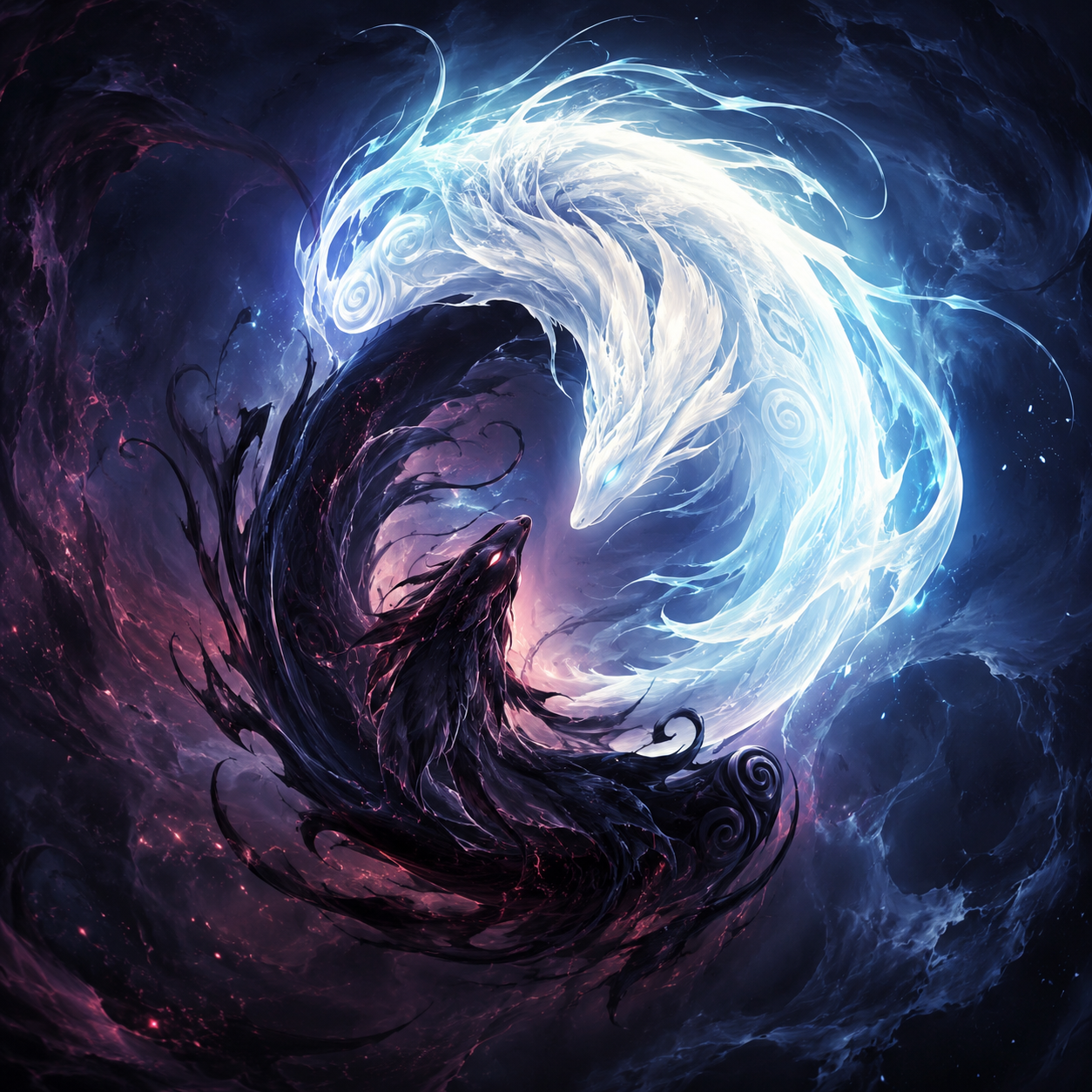 Two intertwined primordial spirits — one luminous, one dark
