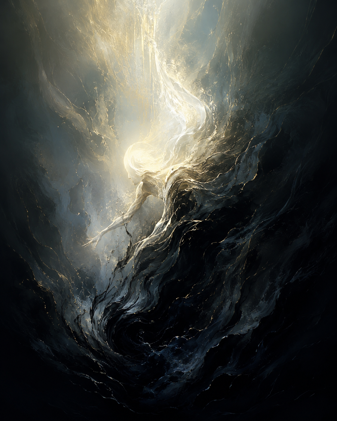 A figure of light descending, gradually consumed by shadow