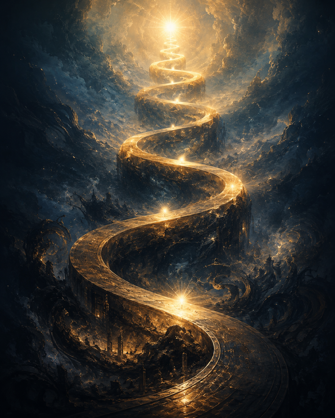 A rising spiral — civilisational cycles climbing upward through dark valleys and luminous peaks