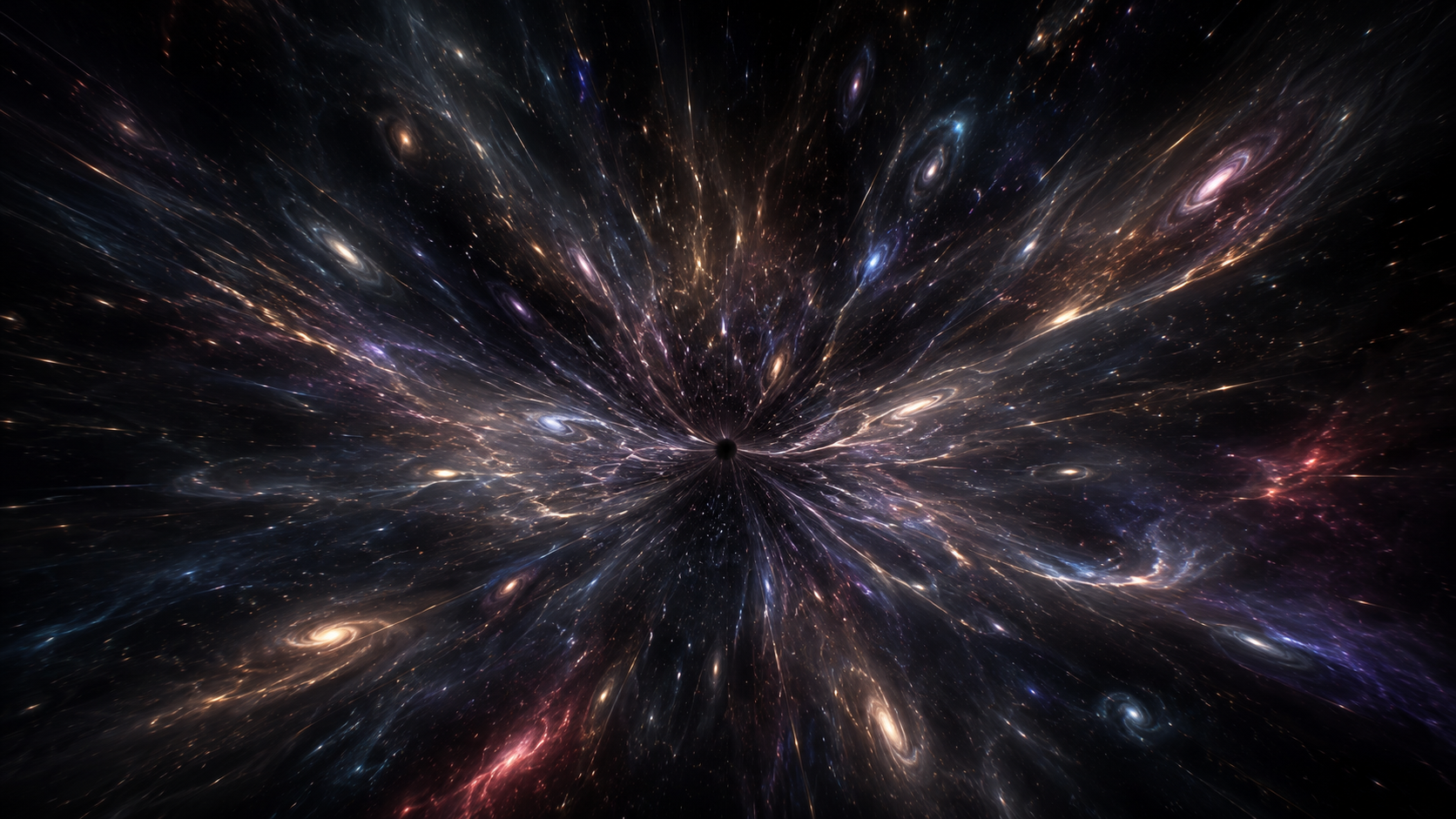 A universe collapsing back into a single point of dense darkness — the moment before the next beginning