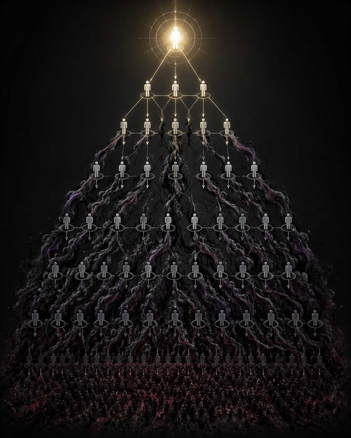 Chaos flowing downward through a pyramid of human figures — peace accumulating at the top