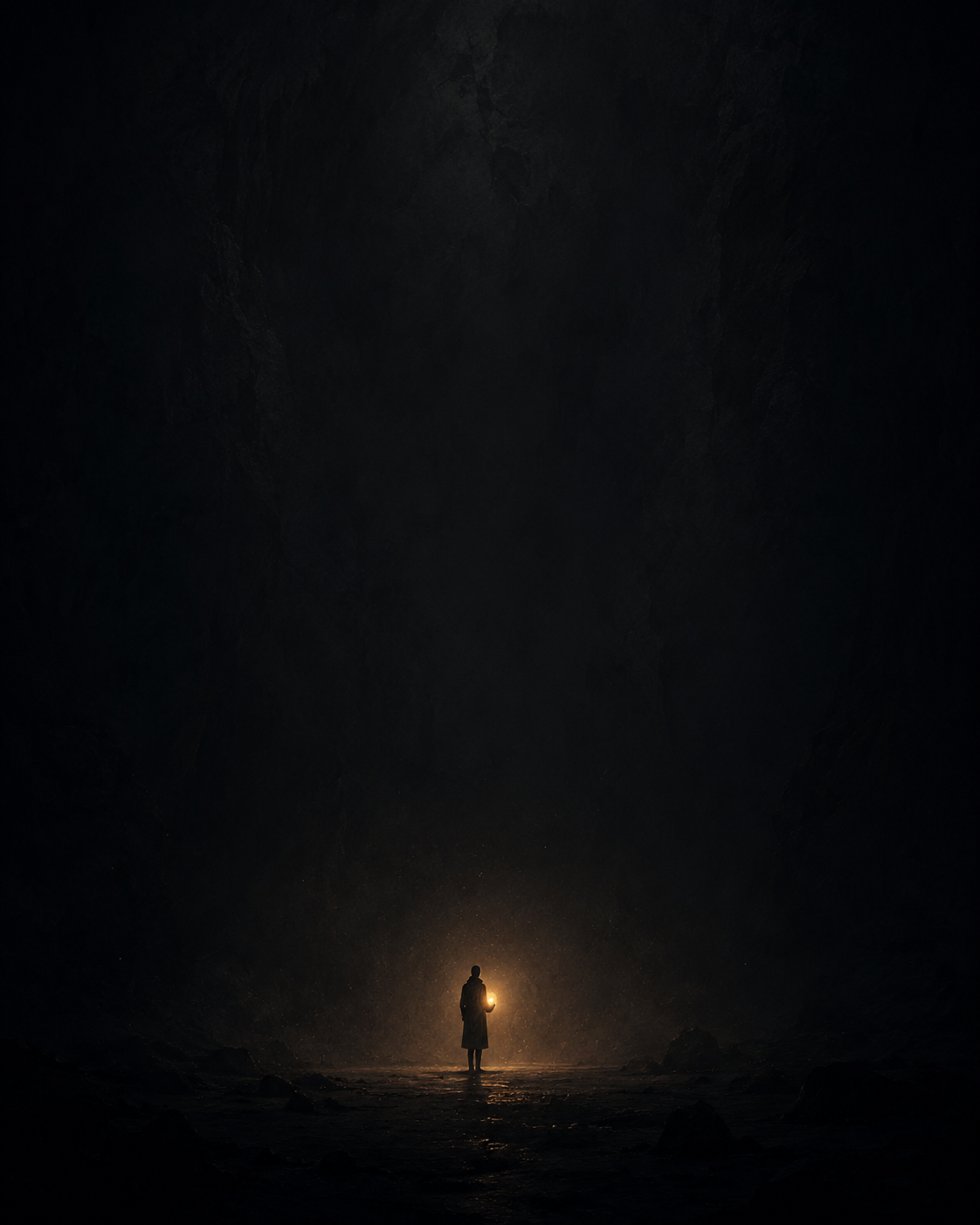 A single figure standing in vast darkness, holding something luminous — not triumphant, not defeated. Just present.